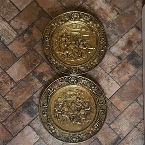 Vintage Embossed Brass Wall Plates Set Of 2